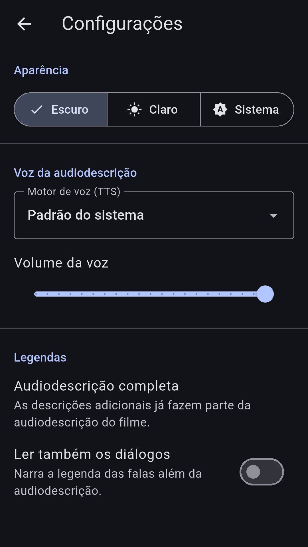 Cinestesia settings screen.