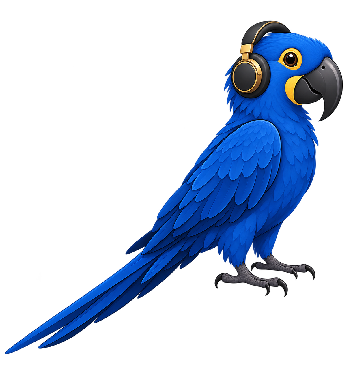 Cinestesia mascot: a gentle, full-body blue macaw in profile, wearing headphones.